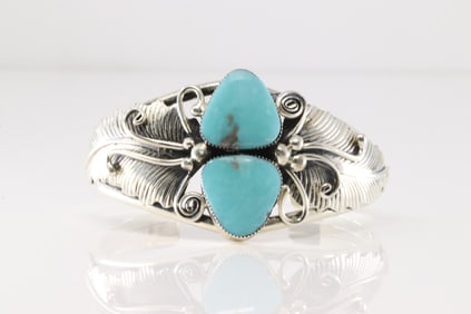 Native America Navajo Sterling Silver Turquoise Bracelet Leaf Cuff.