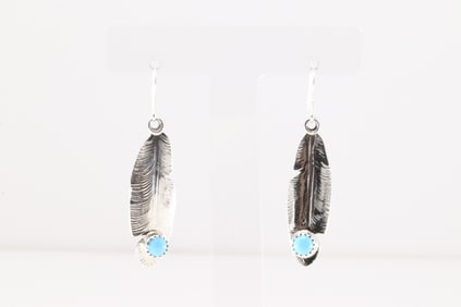 Native America Navajo Sterling Silver Turquoise Feather Dangling Earring's By Genevieve Francisco.
