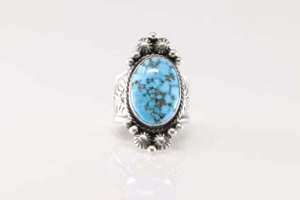 Native America Navajo Sterling Silver Kingman Turquoise Ring By Samuel Yellowhair.