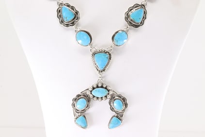 Native America Navajo Sterling Silver Turquoise Naja Necklace By Marie James.