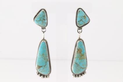 Native America Navajo Sterling Silver Kingman Turquoise Post / Dangling Earring's By Judith Dixon.