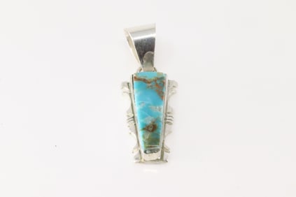 Native America Navajo Sterling Silver Turquoise Inlay Pendant By S.F.