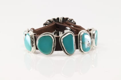 Native America Navajo Sterling Silver Turquoise Leather Bracelet By B.W.