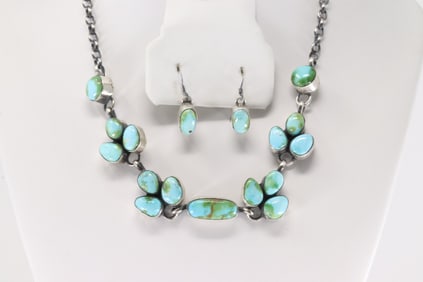 Native America Navajo Sterling Silver Sonora Gold Turquoise Necklace & Earring's Set By Pansy