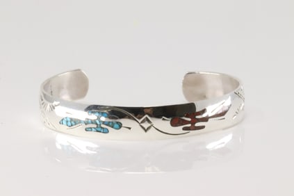 Native America Navajo Sterling Silver Coral & Turquoise Bracelet cuff By Joleen Yazzie.
