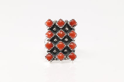 Native America Navajo Sterling Silver Coral Ring By Verley Betone.