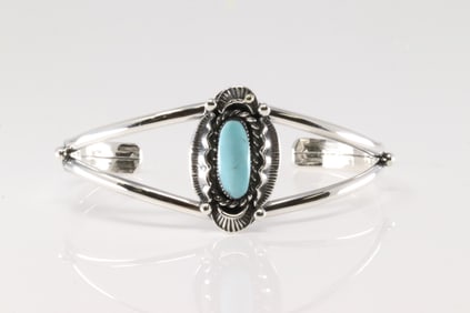 Native America Navajo Sterling Silver Turquoise Bracelet Cuff By Sadie Jim.