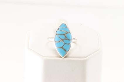 Native America Zuni Sterling Silver Turquoise Inlay Ring By O.Leekya.