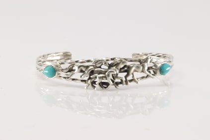 Native America Navajo Sterling Silver Turquoise Horse Bracelet Cuff By Bobby Platero.