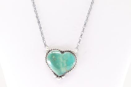 Native America Navajo Sterling Silver Kingman Turquoise Heart Necklace By Johnny Dixon.