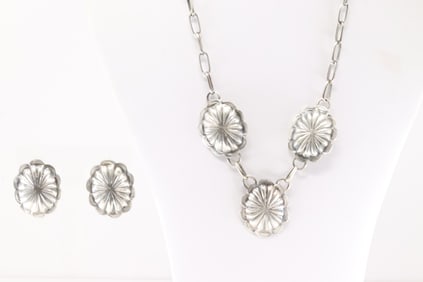 Native America Navajo Sterling Silver Conch Necklace & Post Earring's Set By Joan Begay.