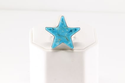 Native America Navajo Sterling Silver Kingman Turquoise Star Ring By Donovan Skeets.