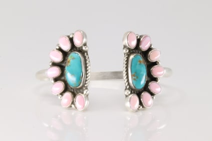 Native America Navajo Sterling Silver Pink Conch Shell & Turquoise Bracelet Cuff By Geraldine James.