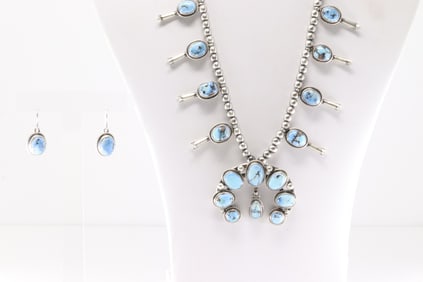Native America Navajo Sterling Silver Golden Hill Turquoise Baby Squash Blossom Necklace & Earring's