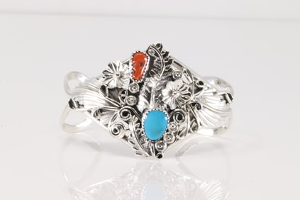Native America Navajo Sterling Silver Coral & Turquoise Bracelet By Harry B.Yazzie.