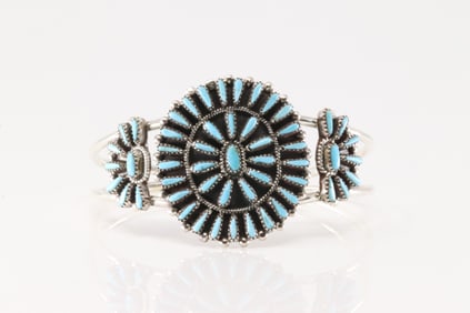 Native America Zuni Sterling Silver Turquoise Bracelet Cuff By Judy Wallace.
