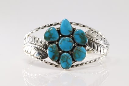 Native America Navajo Sterling Silver Kingman Turquoise Bracelet Cuff By P.A.Smith.