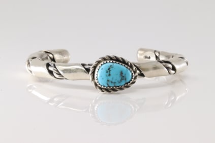 Native America Navajo Sterling Silver Kingman Turquoise Bracelet Cuff By P.T.C.