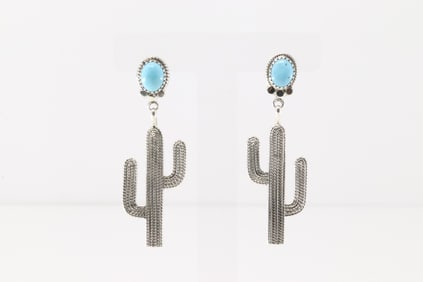 Native America Navajo Sterling Silver Turquoise Cactus Post / Dangling By Annie Spencer.