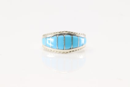 Native America Navajo Sterling Silver Turquoise Inlay Ring By M.P.