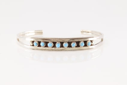 Native American Zuni Sterling Silver Turquoise Bracelet Cuff By Susie Livingston.
