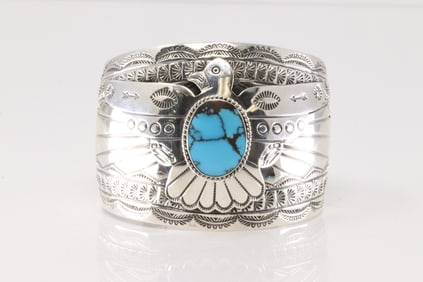 Native America Navajo Sterling Silver Turquoise Thunderbird Bracelet Cuff By Bahe.
