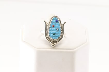 Native America Zuni Sterling Silver Turquoise & Multi-Color Stone Corn Ring By B.Etsate.