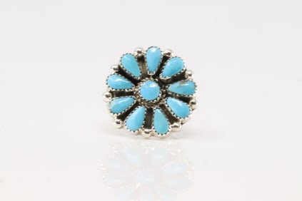 Native America Navajo Sterling Silver Turquoise Flower Ring Alicia Wilson.