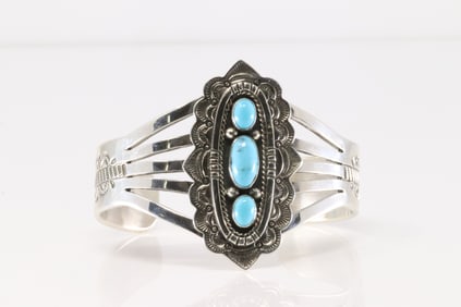 Native American Navajo Sterling Silver Turquoise Bracelet Cuff By E.Wylie.