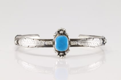 Native America Navajo Sterling Silver Turquoise Bracelet Cuff By Bobby Platero.