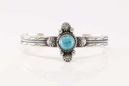 Native America Navajo Sterling Silver Kingman Turquoise Bracelet Cuff By Mike Calladitto.