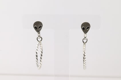 Native American Navajo Sterling Silver Alien Head Hoop Post Earring's By Sonyei Coho.