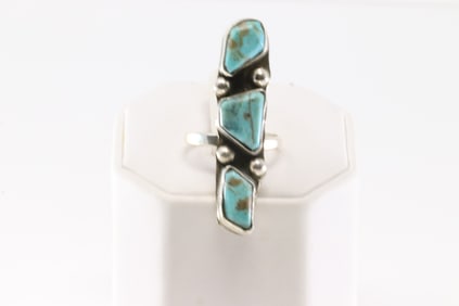 Native American Zuni Sterling Silver Turquoise Ring 3 Stone By Jude Candelaria.