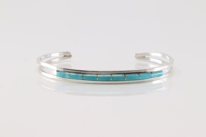 Native America Zuni Sterling Silver Turquoise Inlay Bracelet Cuff By A.L.W.