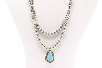 Native America Navajo Sterling Silver Double Strand Pearl Beaded Turquoise Necklace By Lucinda