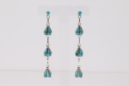Native America Zuni Sterling Silver Kingman Turquoise Heart Inlay Post / Dangling Earring's By Velda