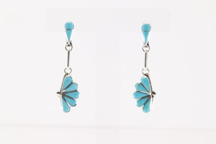 Native America Zuni Sterling Silver Kingman Turquoise Inlay Post / Dangling Earring's By Velda
