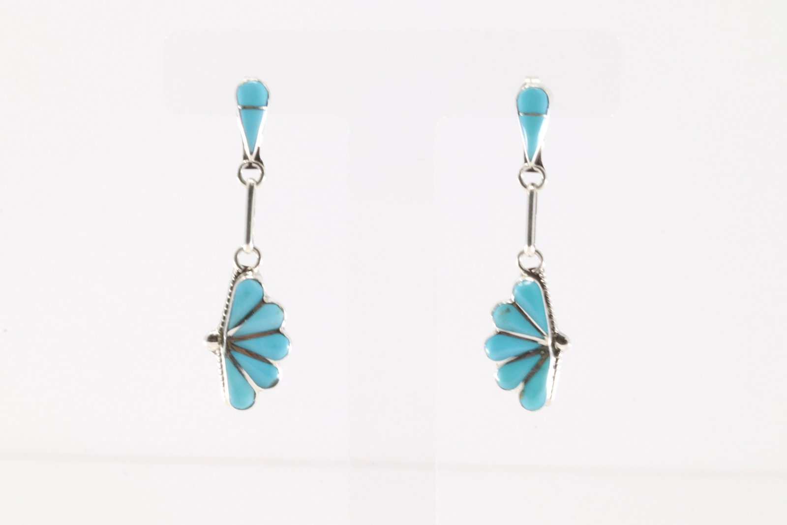 Native America Zuni Sterling Silver Kingman Turquoise Inlay Post / Dangling Earring's By Velda: This is a Native America Zuni Sterling Silver Kingman Turquoise Inlay Post / Dangling Earring's By Velda Nastacio.
