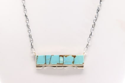 Native America Navajo Sterling Silver Turquoise Inlay Necklace By Steve Francisco.