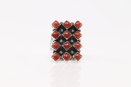 Native America Navajo Sterling Silver Coral Ring By Verley Betone.