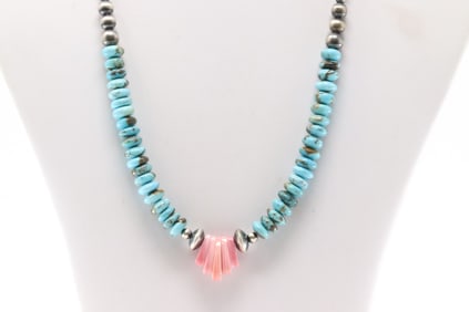 Native America Navajo Sterling Silver Pink Conch & Turquoise Necklace.