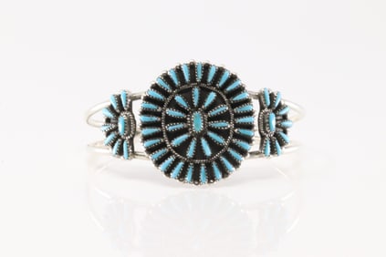 Native America Zuni Sterling Silver Turquoise Bracelet Cuff By Judy Wallace.