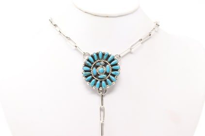 Native America Navajo Sterling Silver Turquoise Necklace By Loretta Delgarito.