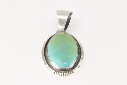 Native America Navajo Sterling Silver Kingman Turquoise Pendant By Alfred Martinez.