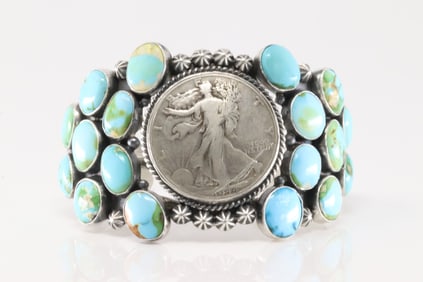 Native America Navajo Sterling Silver Sonora Gold Turquoise & Liberty Half Dollar Coin Bracelet Cuff