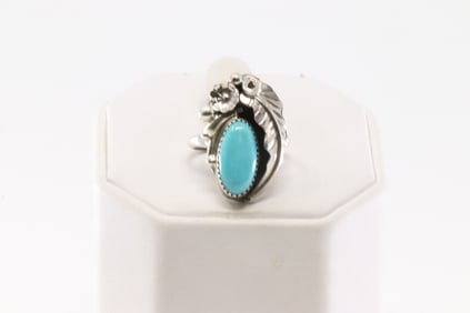 Native America Navajo Sterling Silver Turquoise Ring Leaf By H.M.
