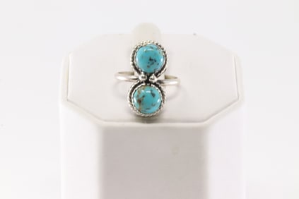 Native America Navajo Sterling Silver Turquoise Ring 2 Stone By E.W.