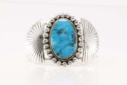 Native America Navajo Sterling Silver Turquoise Bracelet Cuff By Leona Delgarito.