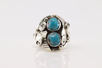 Native America Navajo Sterling Silver Turquoise Ring 2 Stone & Leaf By B.