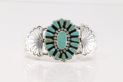 Native America Navajo Sterling Silver Turquoise Bracelet Cuff By Loretta Delgarito.